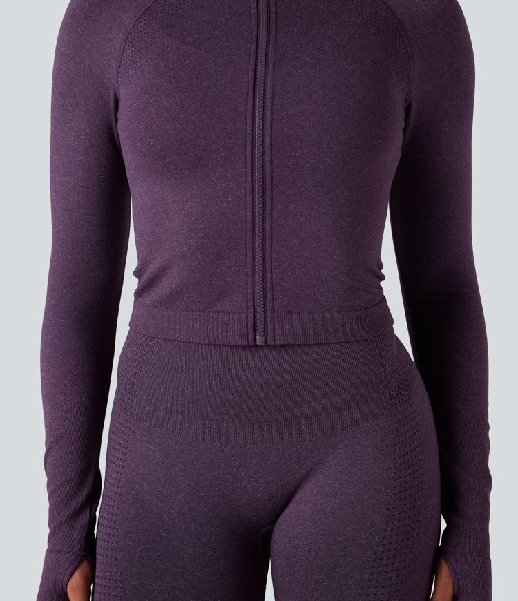 Seamless Flow Stand Collar Long Sleeve Thumb Holes Slim Cropped Yoga Jacket