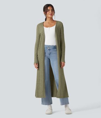 Ribbed Knit Long Sleeve Split Casual Longline Coat