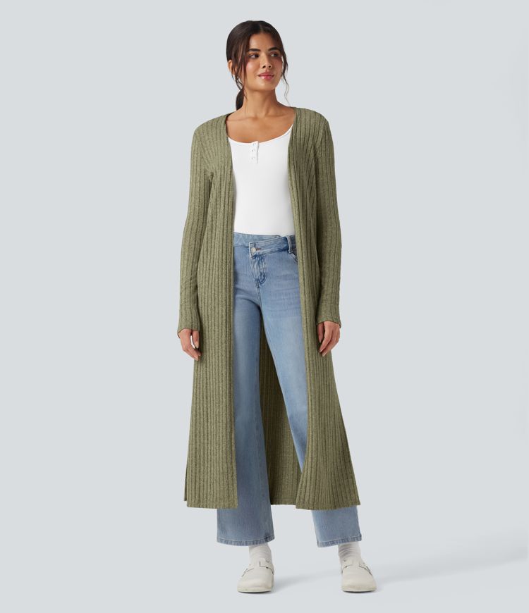 Ribbed Knit Long Sleeve Split Casual Longline Coat