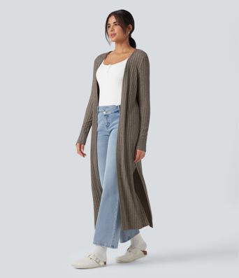 Ribbed Knit Long Sleeve Split Casual Longline Coat
