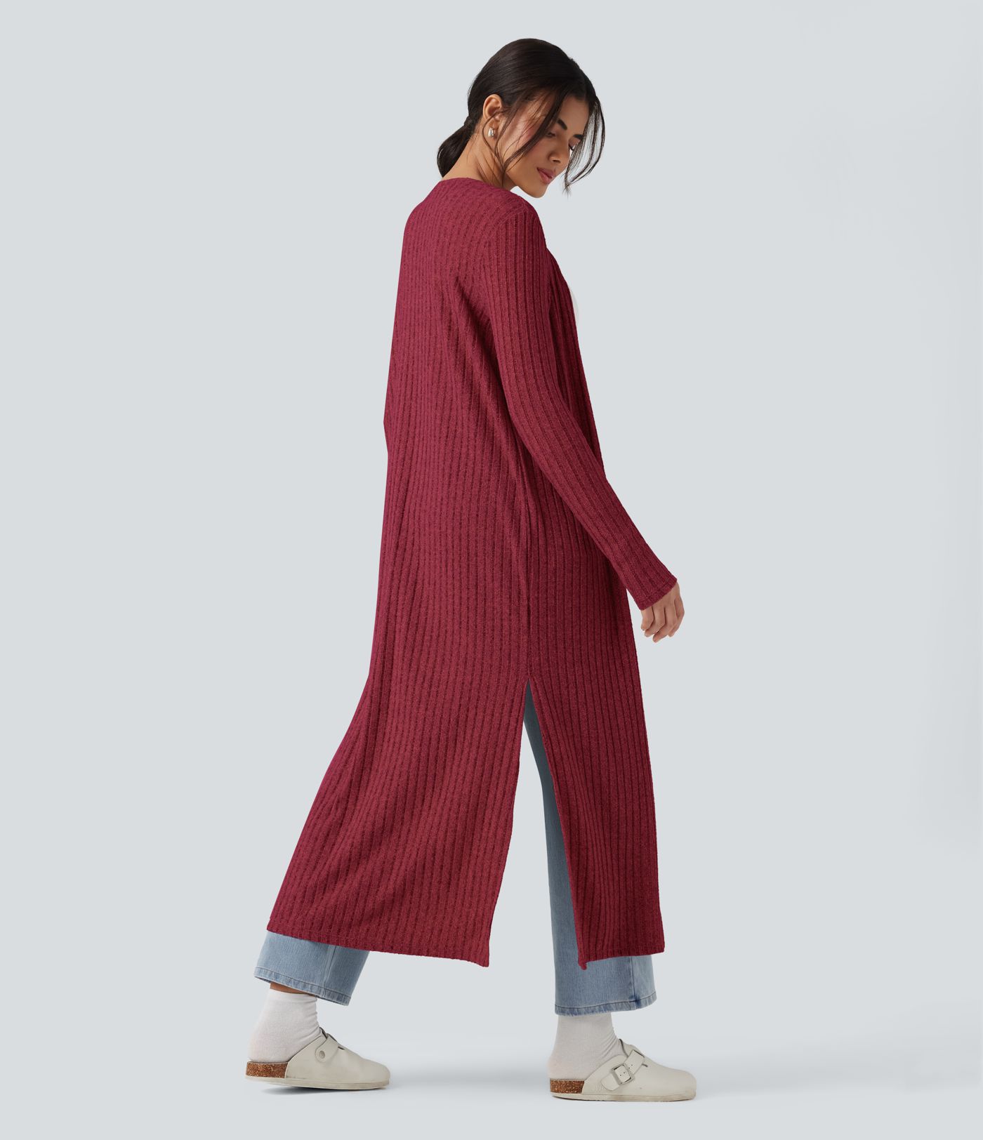 Ribbed Knit Long Sleeve Split Casual Longline Coat