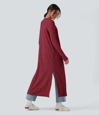 Ribbed Knit Long Sleeve Split Casual Longline Coat