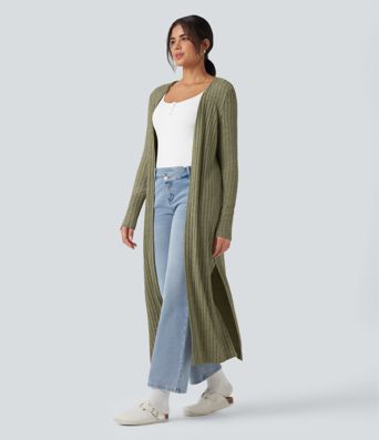 Ribbed Knit Long Sleeve Split Casual Longline Coat