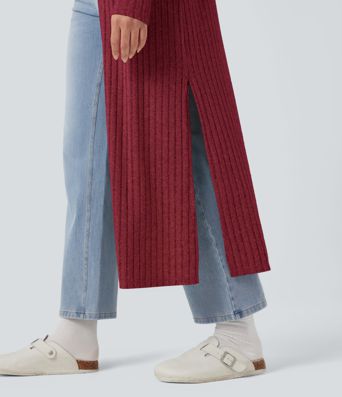 Ribbed Knit Long Sleeve Split Casual Longline Coat