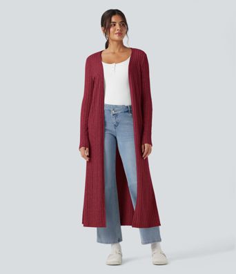 Ribbed Knit Long Sleeve Split Casual Longline Coat