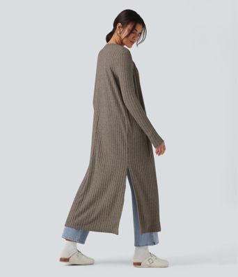 Ribbed Knit Long Sleeve Split Casual Longline Coat
