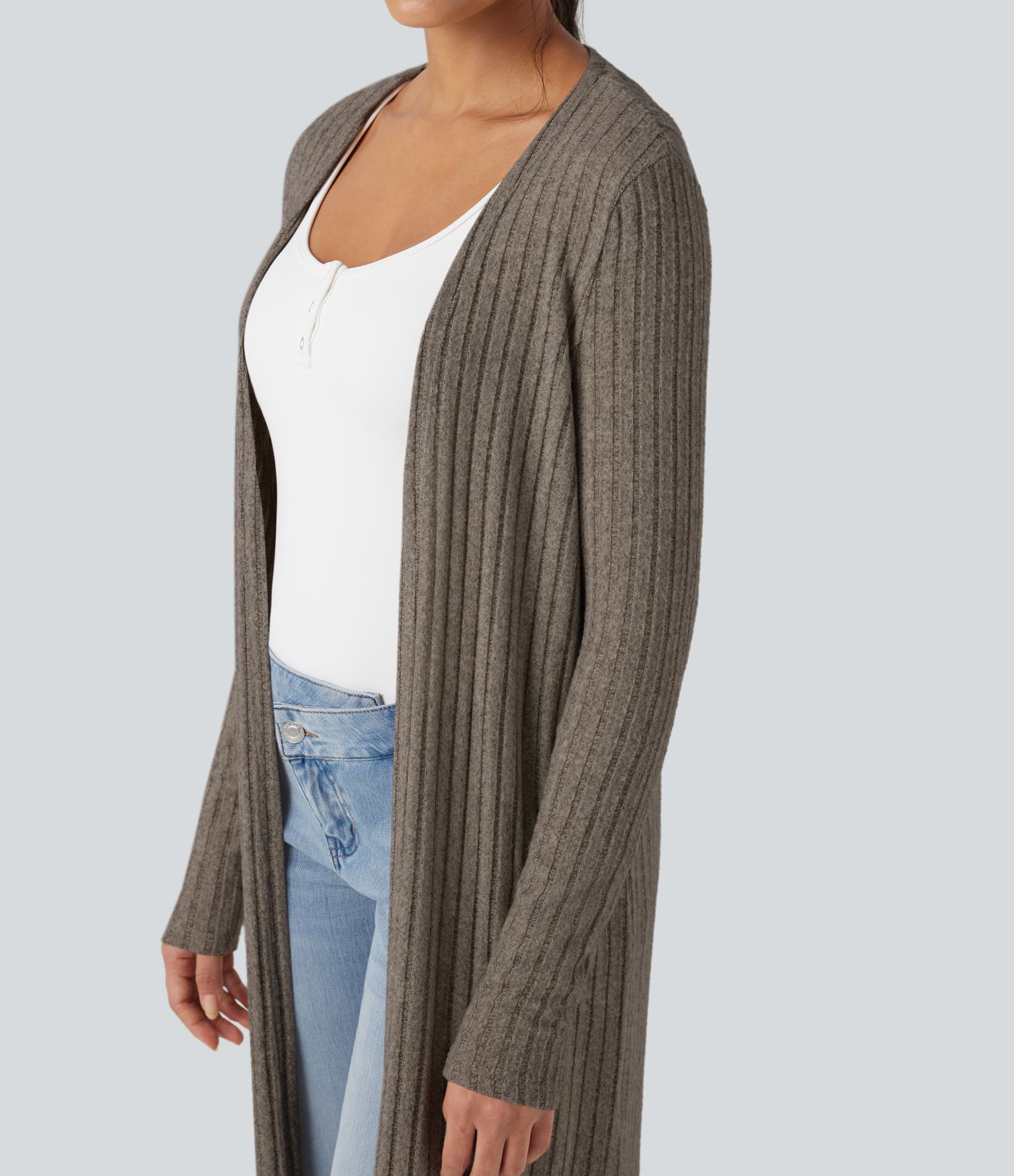 Ribbed Knit Long Sleeve Split Casual Longline Coat