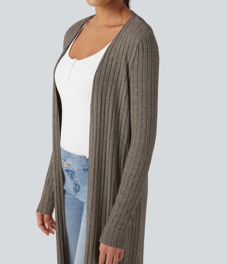 Ribbed Knit Long Sleeve Split Casual Longline Coat