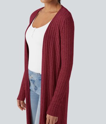 Ribbed Knit Long Sleeve Split Casual Longline Coat