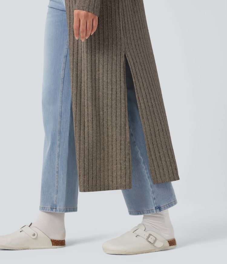 Ribbed Knit Long Sleeve Split Casual Longline Coat