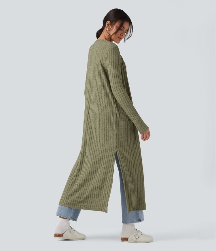 Ribbed Knit Long Sleeve Split Casual Longline Coat