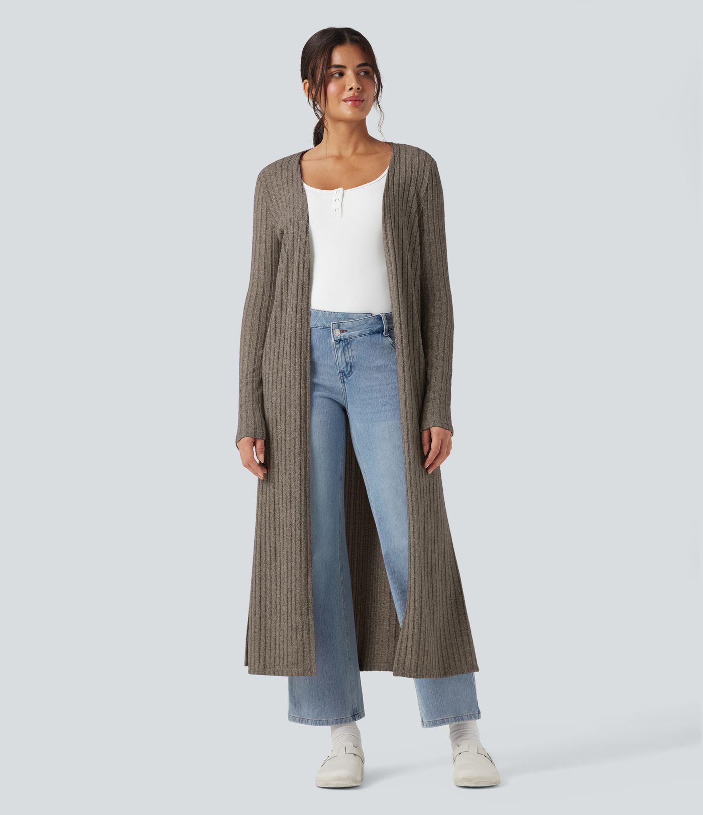 Ribbed Knit Long Sleeve Split Casual Longline Coat