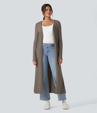Ribbed Knit Long Sleeve Split Casual Longline Coat