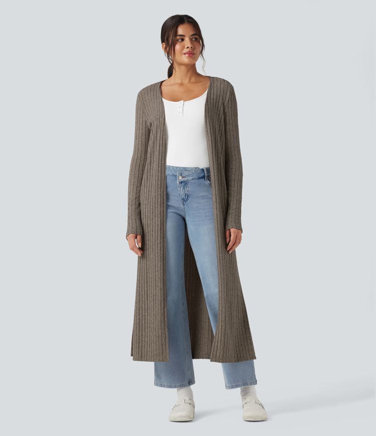Ribbed Knit Long Sleeve Split Casual Longline Coat