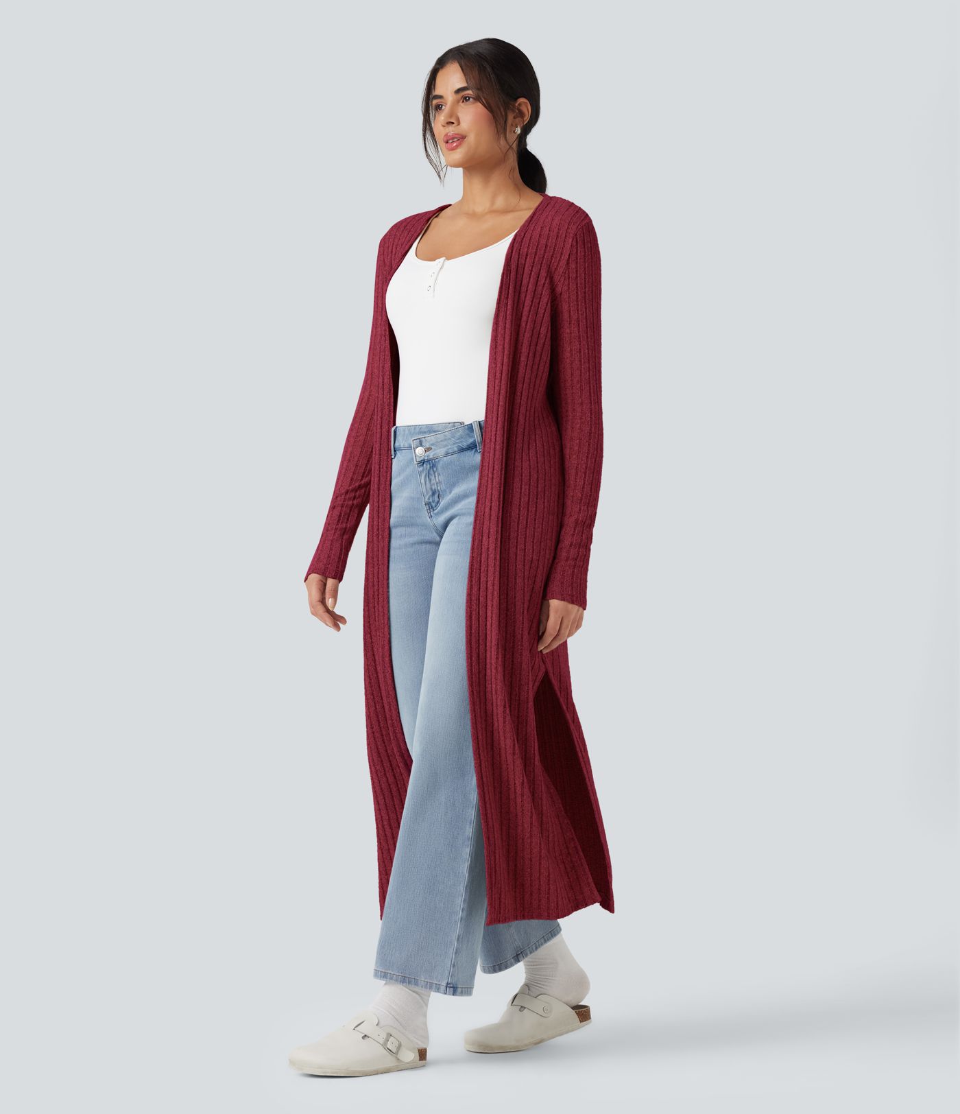 Ribbed Knit Long Sleeve Split Casual Longline Coat