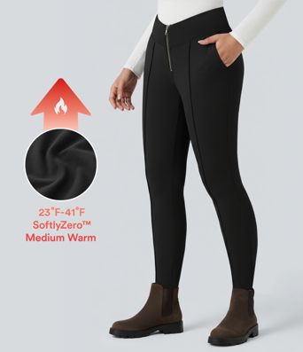 SoftlyZero™ Plush Thermal V Shaped High Waisted Zipper Work Pants with Pockets