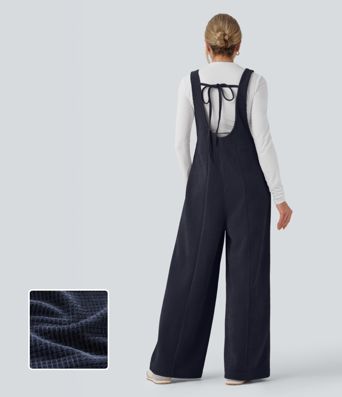 Tie Back Chenille Waffle Casual Overalls with Pockets
