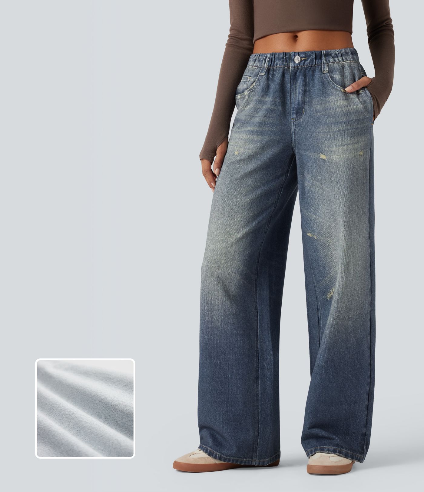 Mid Rise Denim Print French Terry Casual Jogger Jeans with Pockets