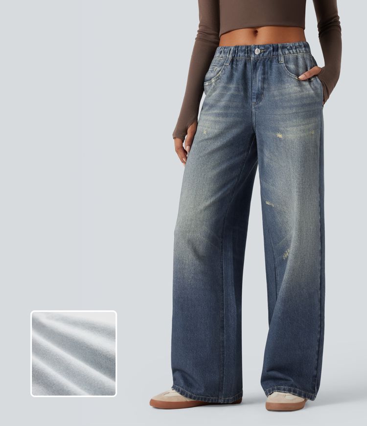 Mid Rise Denim Print French Terry Casual Jogger Jeans with Pockets