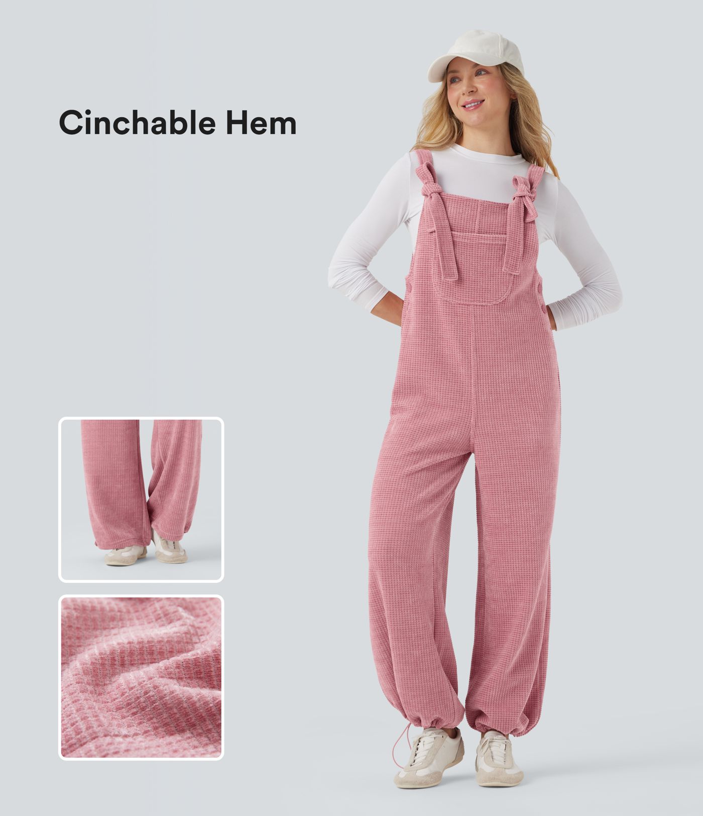 Tie Front Cinchable Hem Chenille Waffle Casual Overalls with Pockets