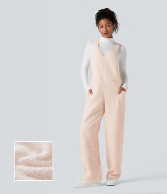 Lässiger Teddy-Overall mit V-Ausschnitt und Taschen