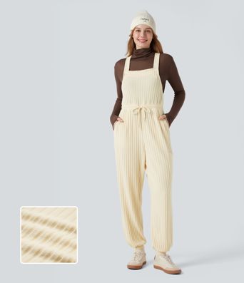 Ribbed Knit Adjustable Straps Drawstring Casual Overalls with Pockets