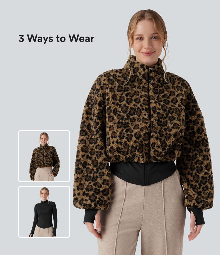 3-in-1 Stand Collar Long Sleeve Thumb Holes Jacket & Drawstring Hem Sherpa Jacket with Pockets