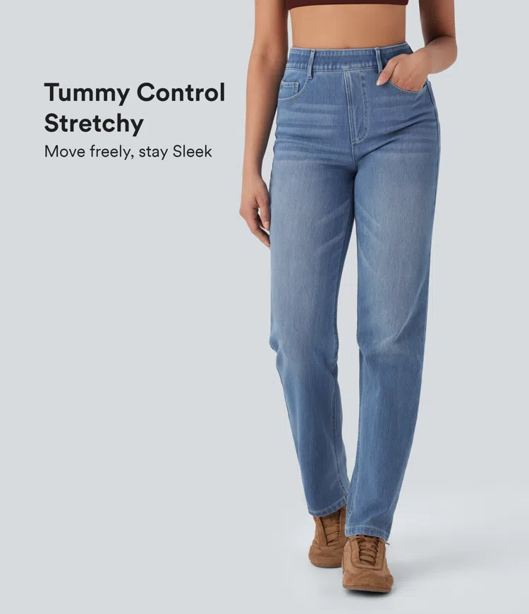 Blue Spruce Denim Jeans Halara Flex™ Denim elástico lavado pierna recta tiro alto control abdomen múltiple bolsillo / 1