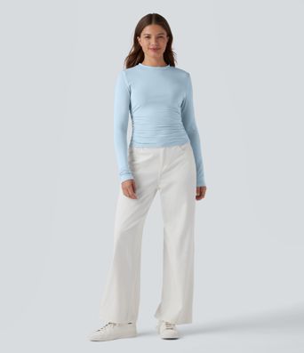 Round Neck Long Sleeve Ruched Casual Top