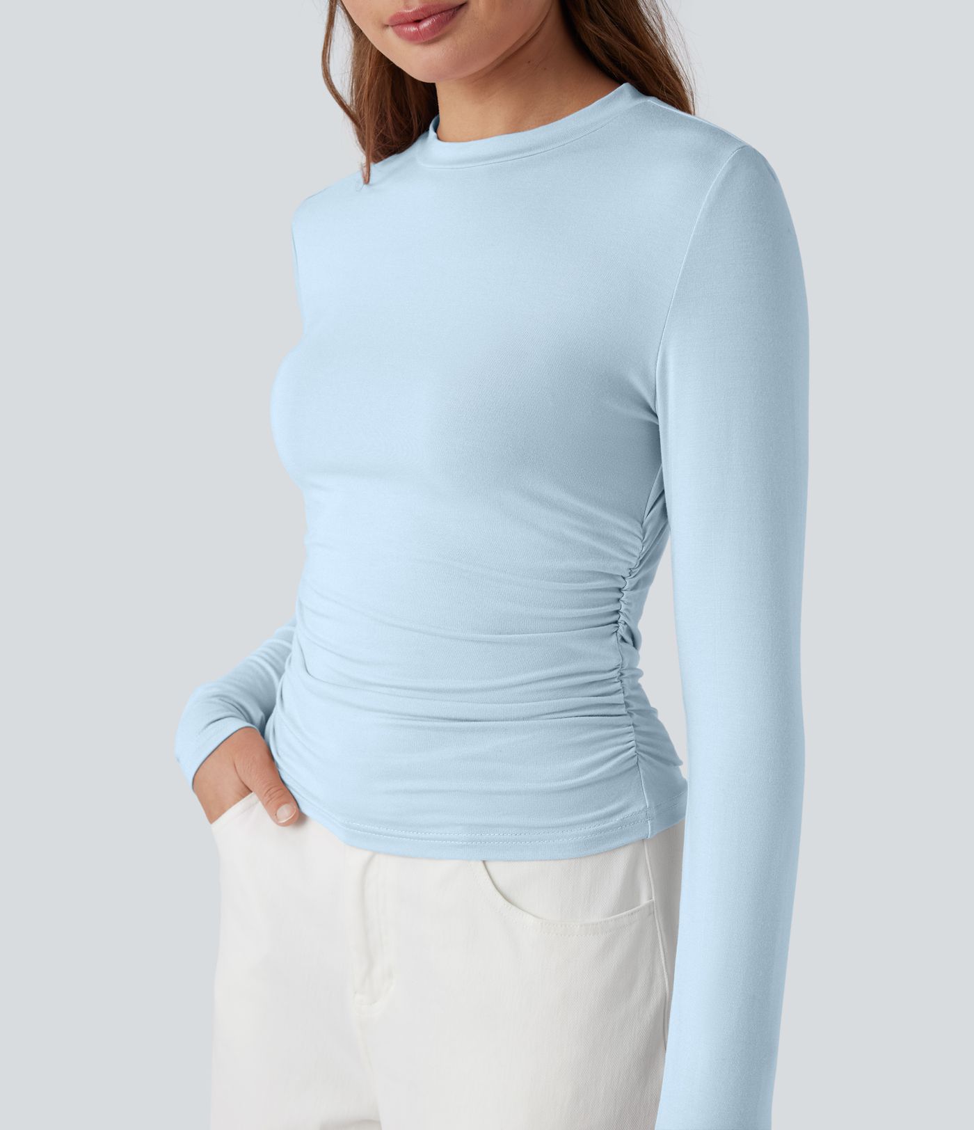 Round Neck Long Sleeve Ruched Casual Top