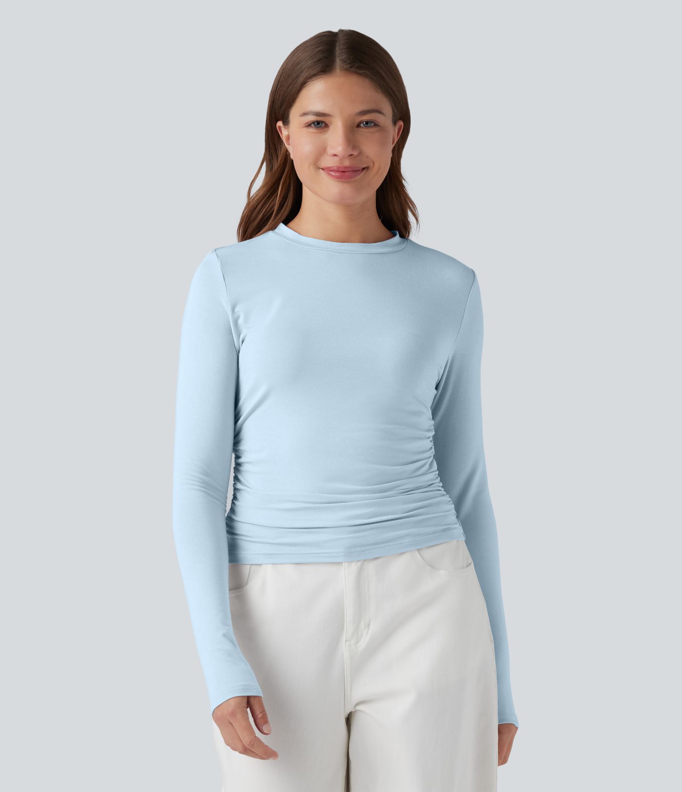 Round Neck Long Sleeve Ruched Casual Top