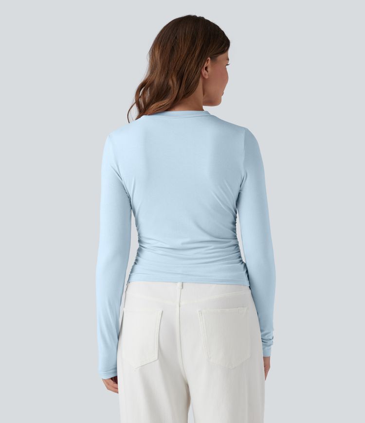 Round Neck Long Sleeve Ruched Casual Top