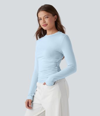 Round Neck Long Sleeve Ruched Casual Top