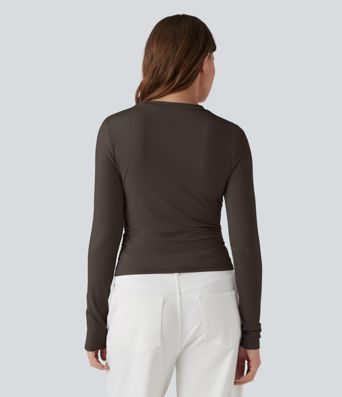 Round Neck Long Sleeve Ruched Casual Top