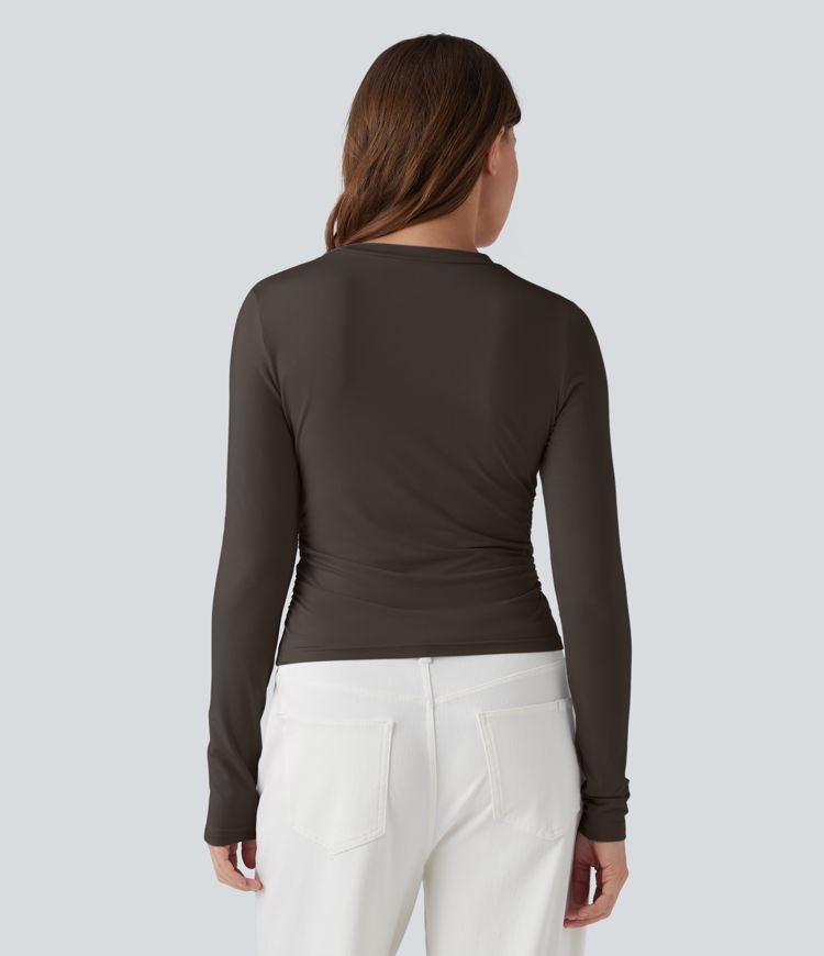 Round Neck Long Sleeve Ruched Casual Top