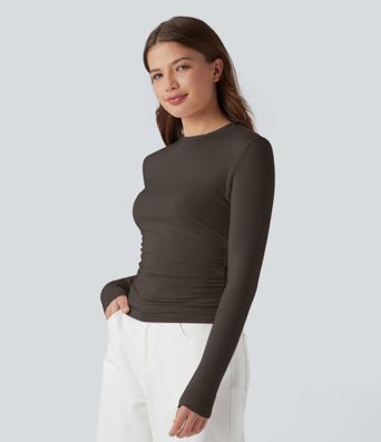 Round Neck Long Sleeve Ruched Casual Top