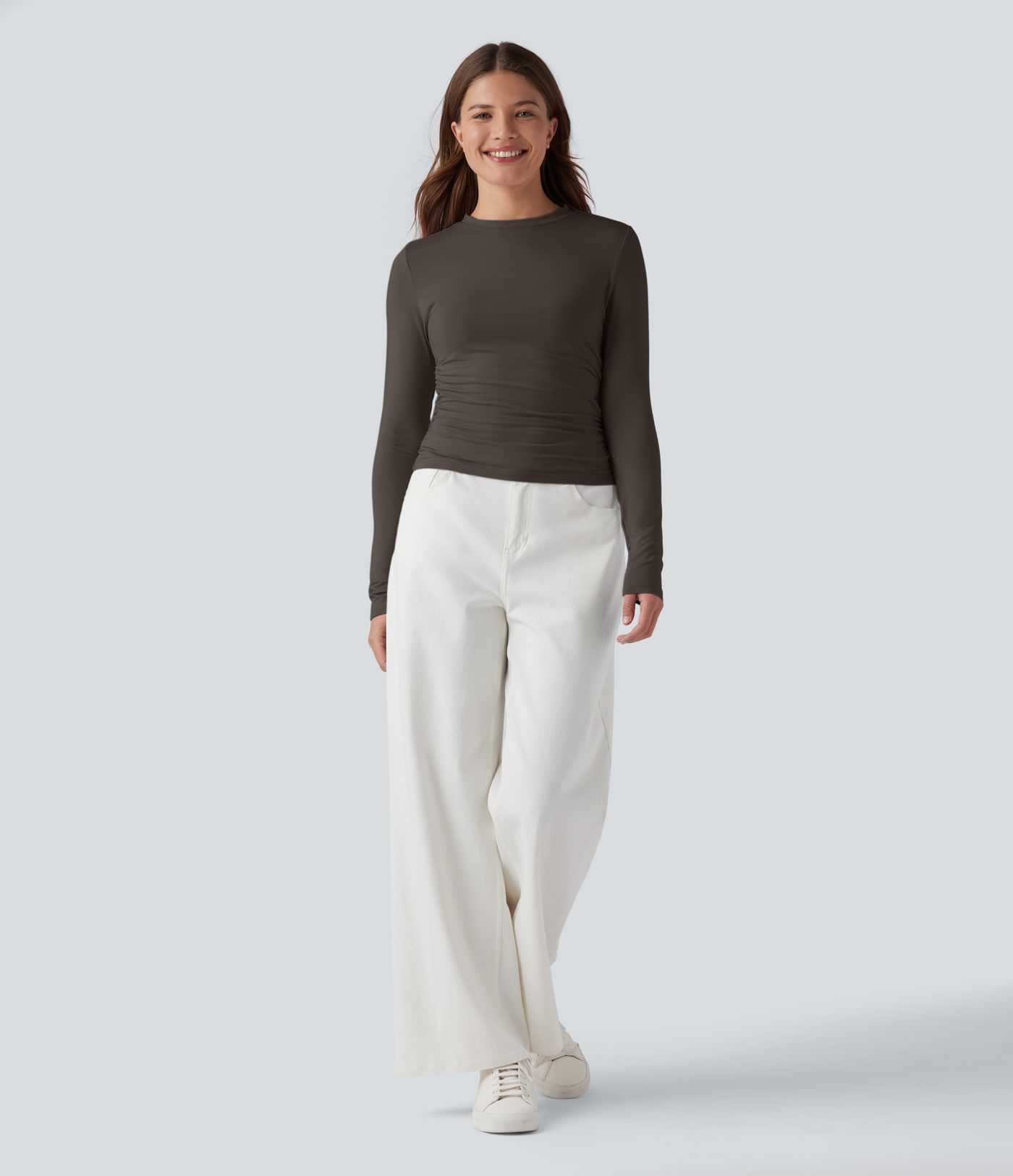 Round Neck Long Sleeve Ruched Casual Top