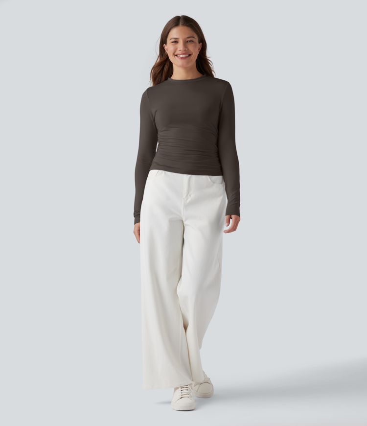 Round Neck Long Sleeve Ruched Casual Top