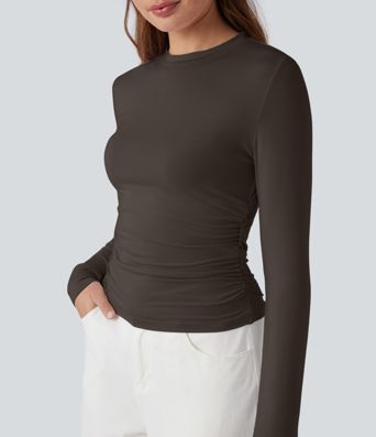 Round Neck Long Sleeve Ruched Casual Top