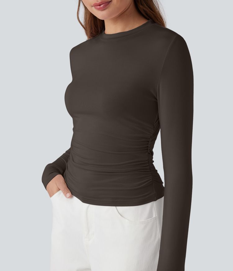 Round Neck Long Sleeve Ruched Casual Top