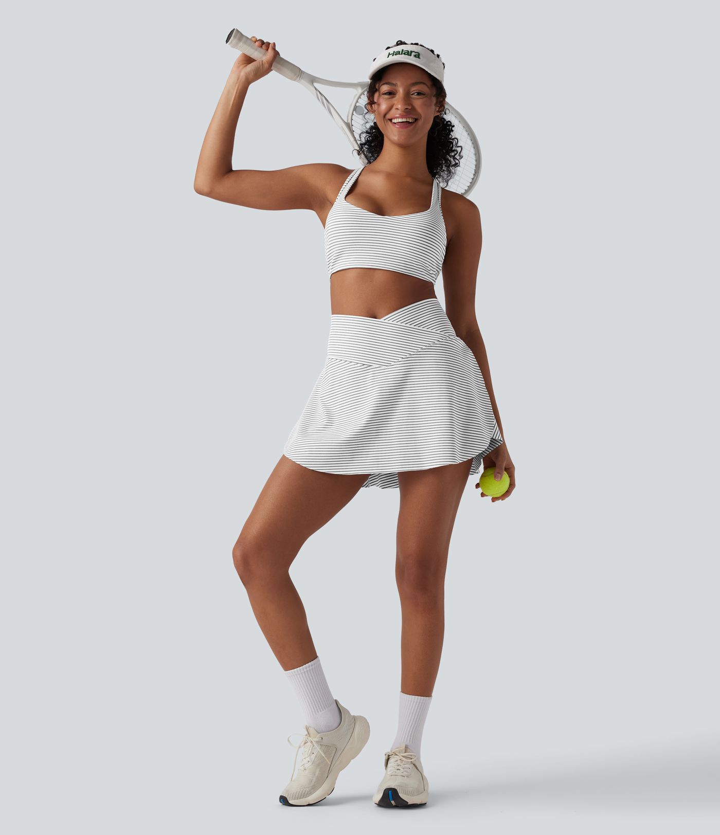 High Waisted Crossover 2-in-1 Stripe Mini Tennis Skirt with Pockets