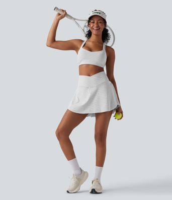 High Waisted Crossover 2-in-1 Stripe Mini Tennis Skirt with Pockets