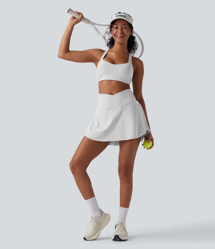 High Waisted Crossover 2-in-1 Stripe Mini Tennis Skirt with Pockets