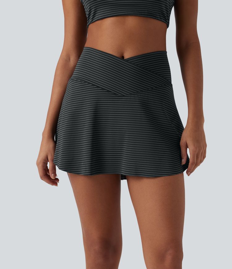 High Waisted Crossover 2-in-1 Stripe Mini Tennis Skirt with Pockets