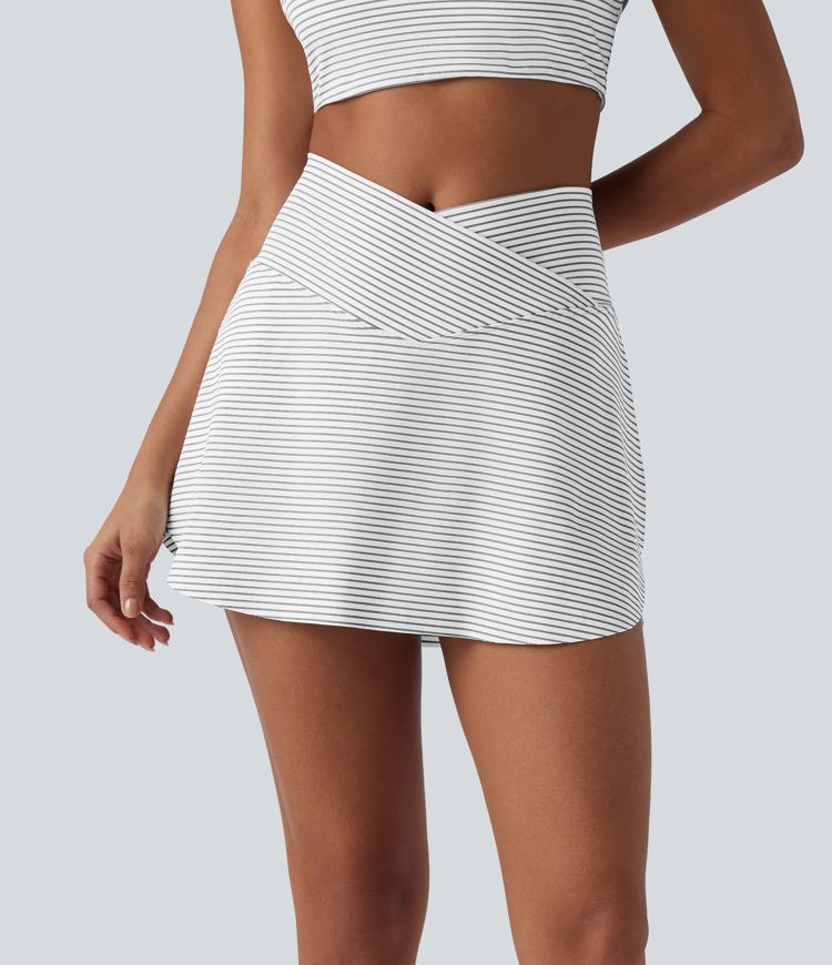High Waisted Crossover 2-in-1 Stripe Mini Tennis Skirt with Pockets