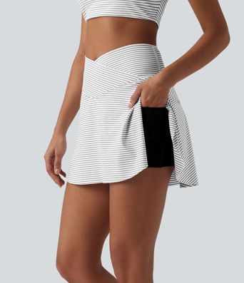 High Waisted Crossover 2-in-1 Stripe Mini Tennis Skirt with Pockets