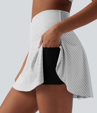 High Waisted Crossover 2-in-1 Stripe Mini Tennis Skirt with Pockets