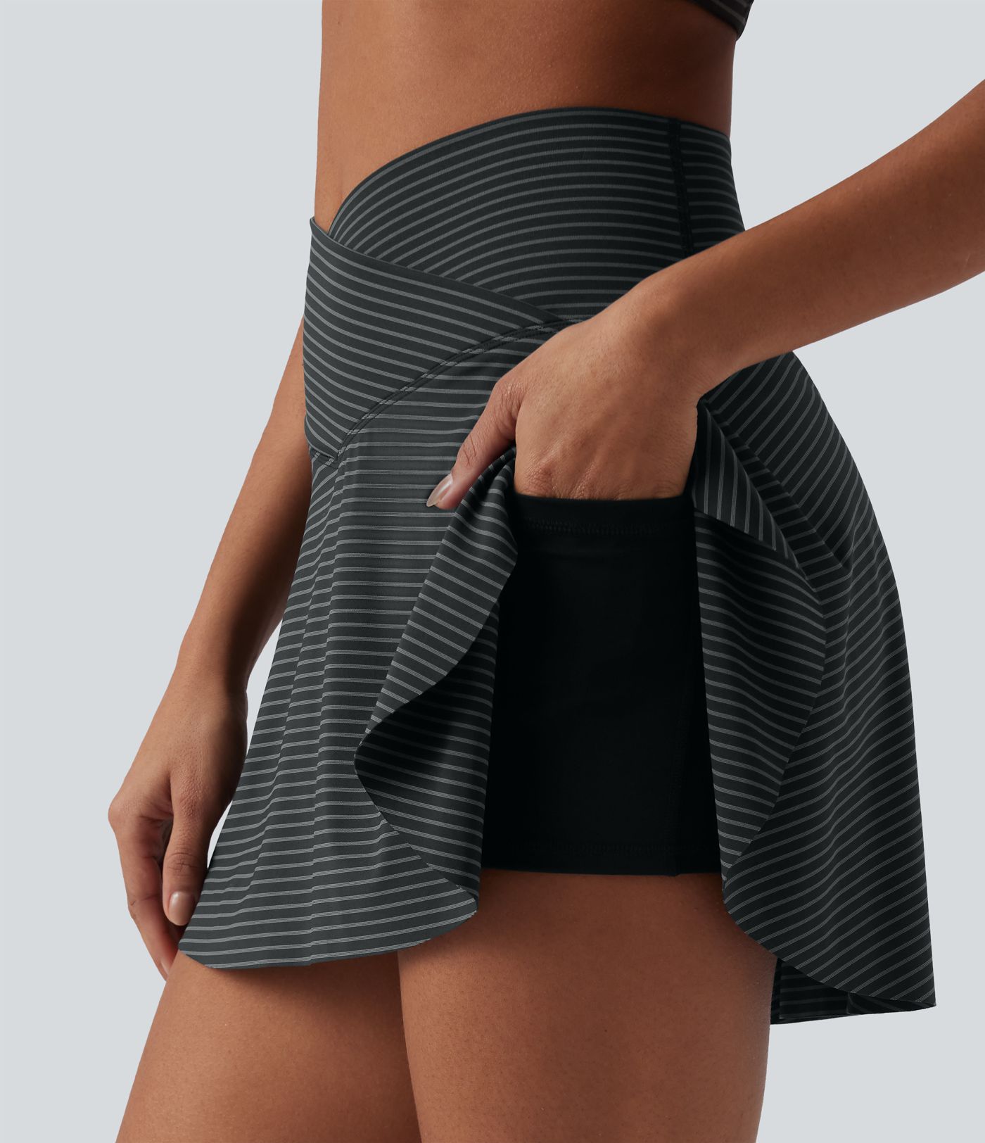 High Waisted Crossover 2-in-1 Stripe Mini Tennis Skirt with Pockets