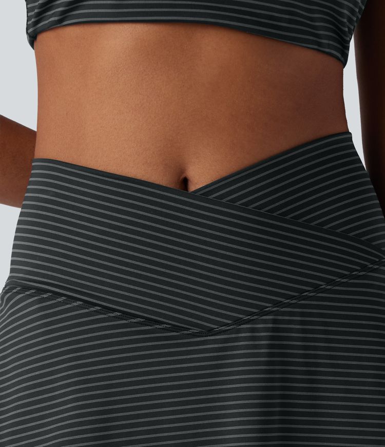 High Waisted Crossover 2-in-1 Stripe Mini Tennis Skirt with Pockets