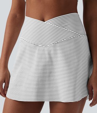 High Waisted Crossover 2-in-1 Stripe Mini Tennis Skirt with Pockets